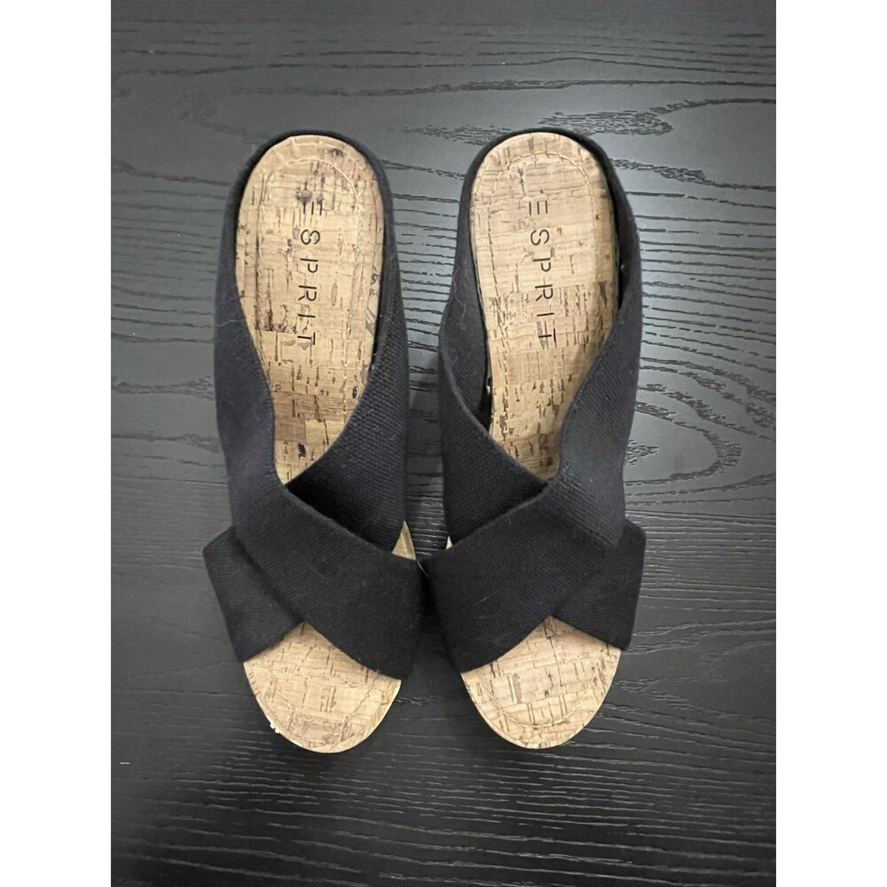 Espirit Women's Oceane Black Cork Wedge Heels Open Toe Slip On Size 7.5